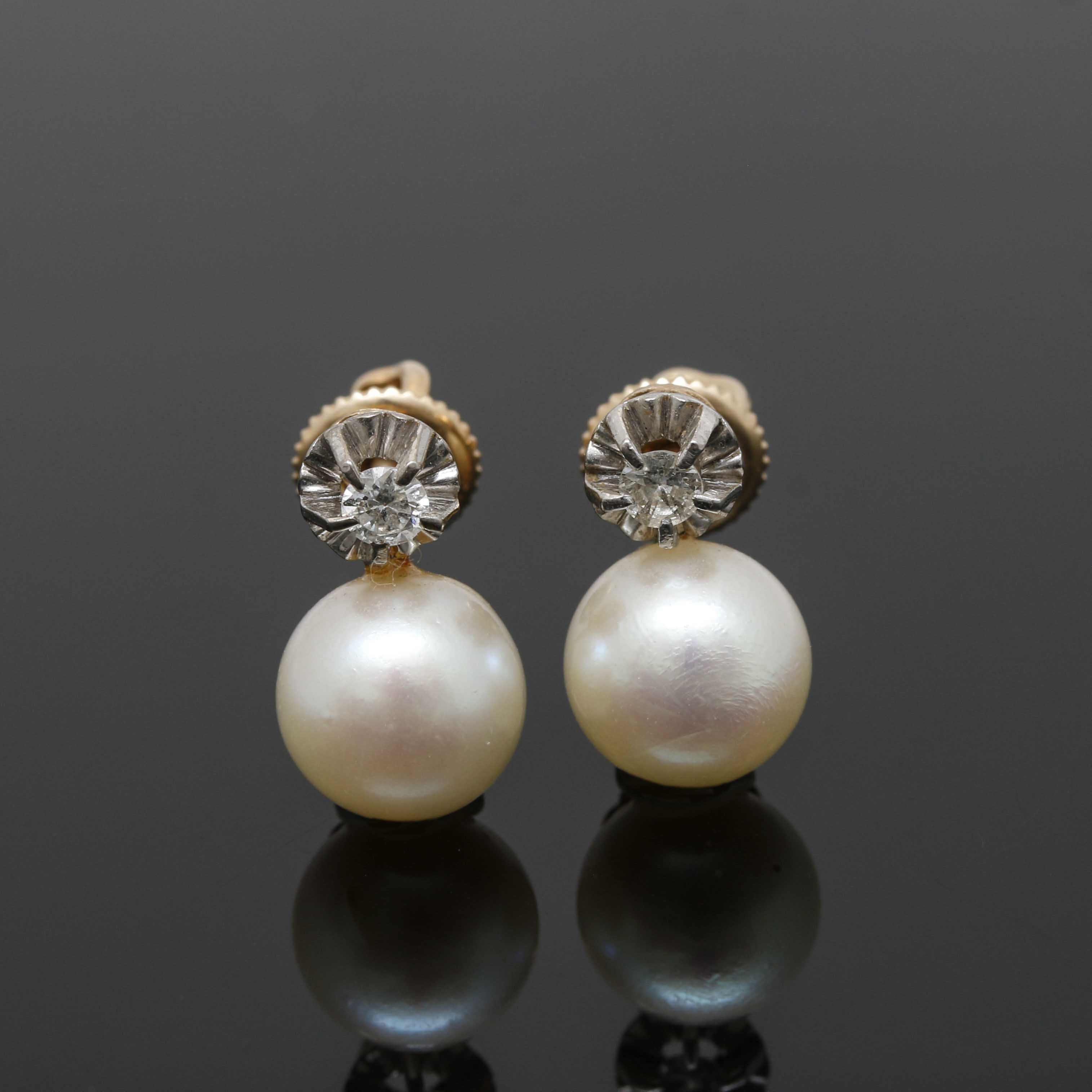 14K Yellow Gold Cultured Pearl and Diamond Earrings