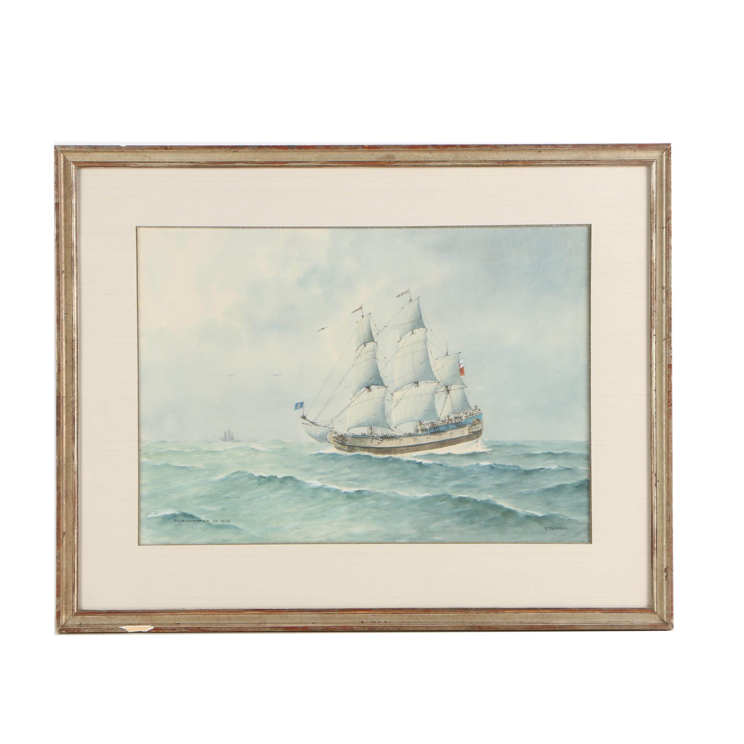 E. Tufnell Watercolor Nautical Painting "Merchantman of 1670"