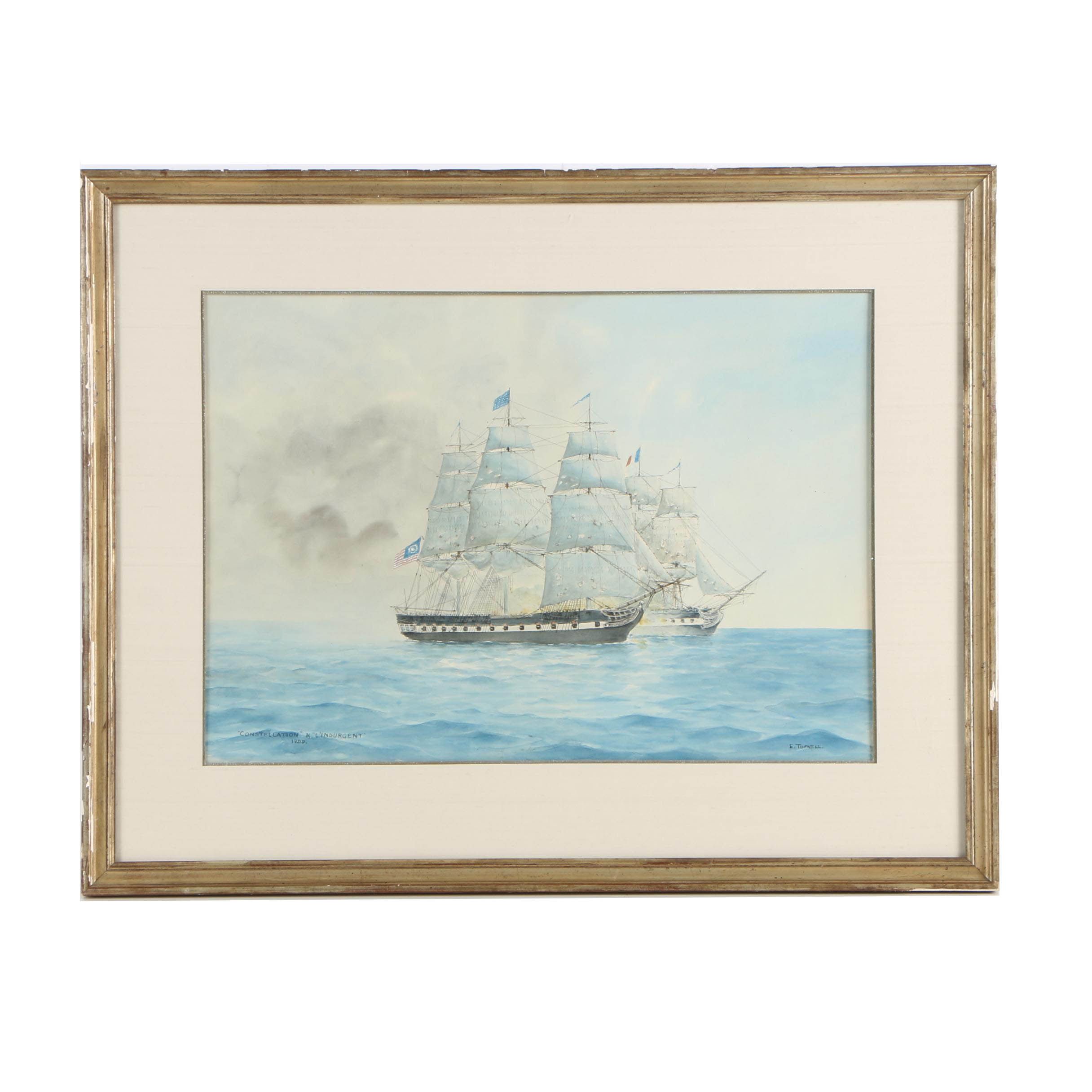 E. Tufnell Watercolor Nautical Painting "Constellation & L'Insurgent"