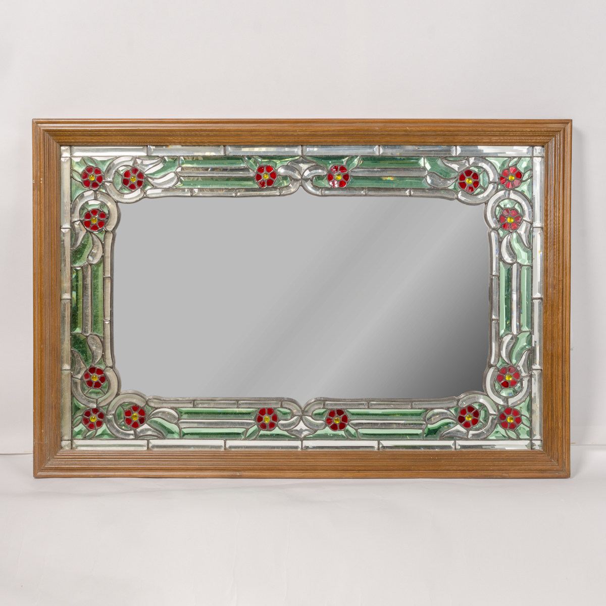 Wood Framed Mirror with Stained Glass Style Floral Motif