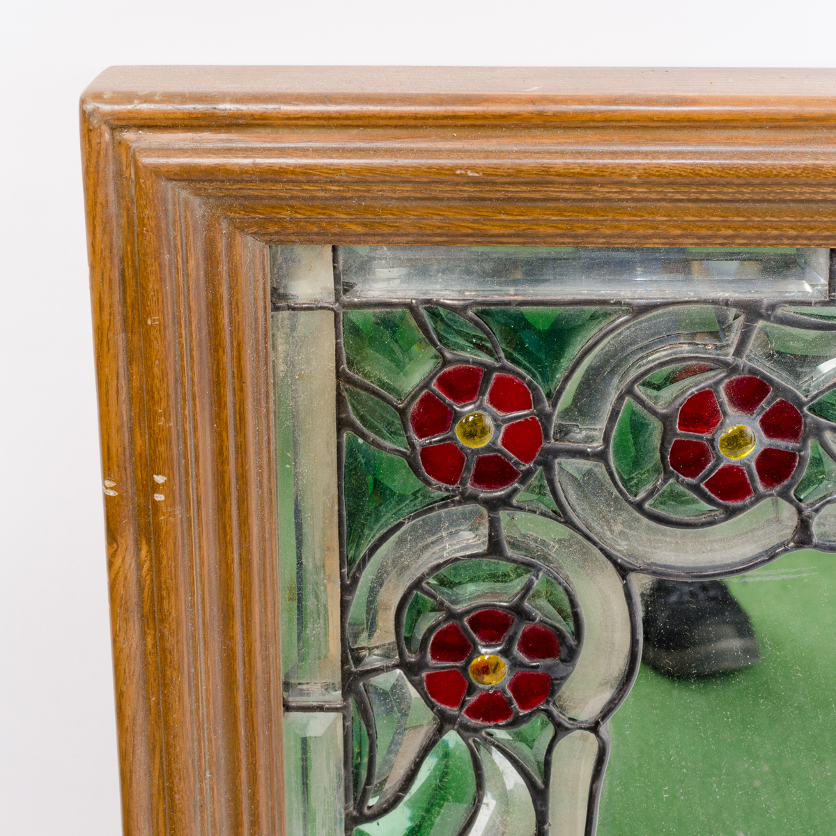 Wood Framed Mirror with Stained Glass Style Floral Motif