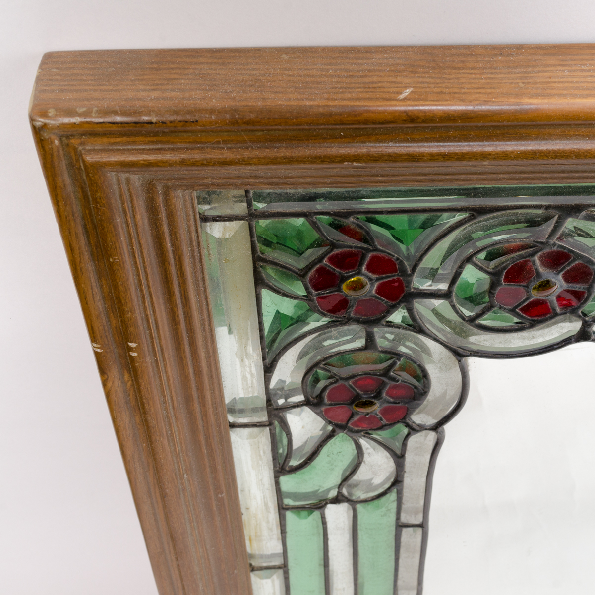 Wood Framed Mirror with Stained Glass Style Floral Motif