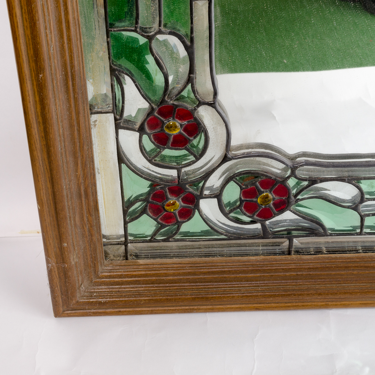 Wood Framed Mirror with Stained Glass Style Floral Motif