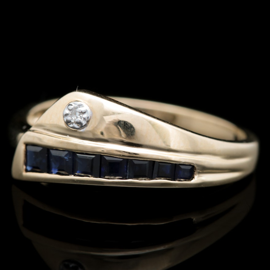 10K Two-Tone Gold, Blue Sapphire and Diamond Ring