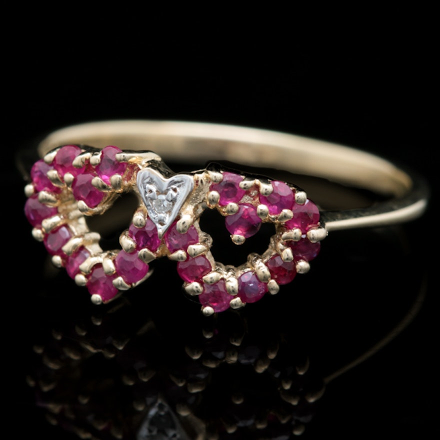 10K Yellow Gold, Ruby and Diamond Double Heart Ring