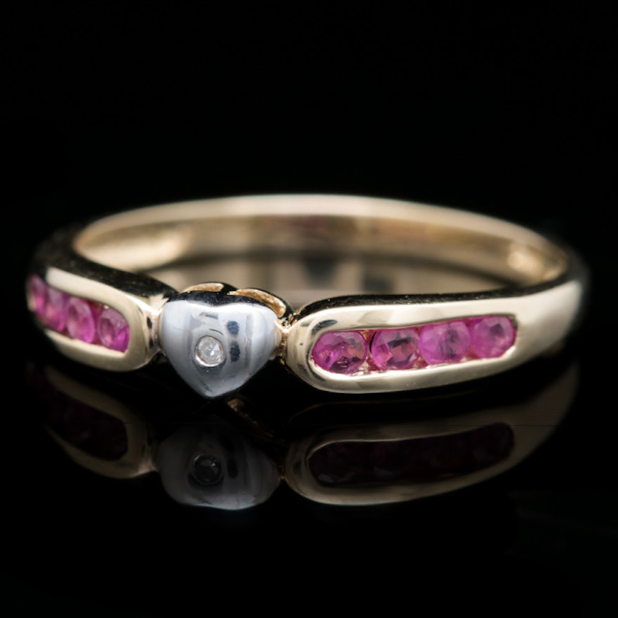 10K Yellow Gold, Diamond and Ruby Heart Ring