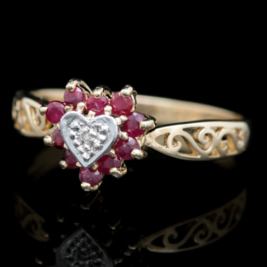 10K Yellow Gold, Ruby and Diamond Heart Filigree Ring