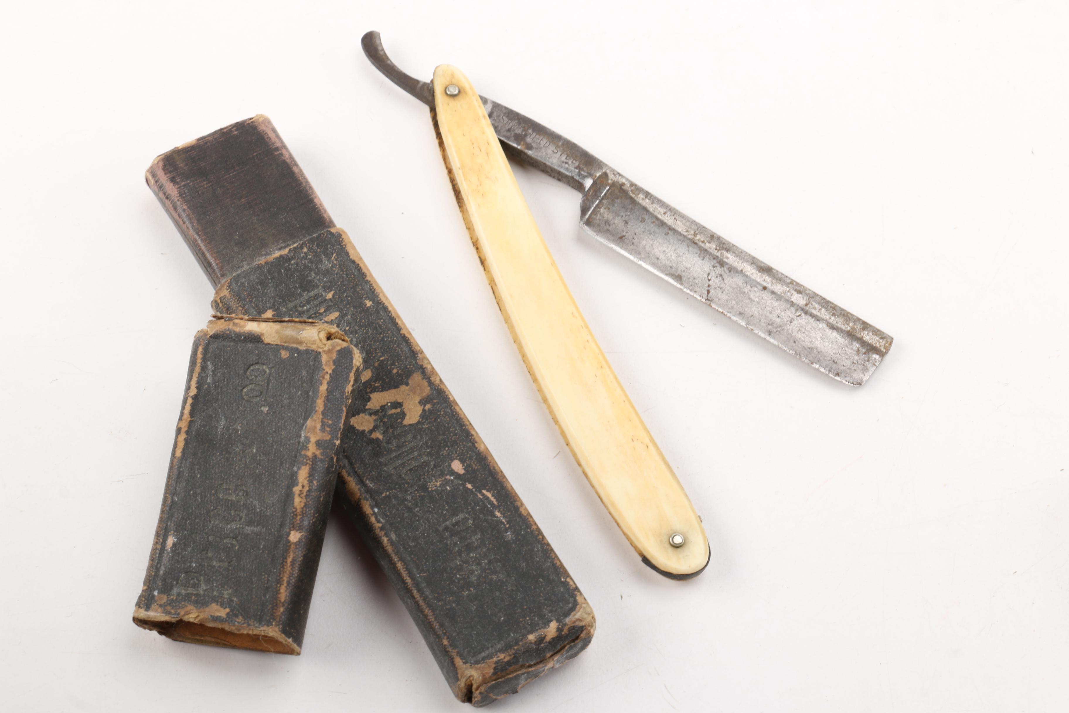 Vintage Barber Supplies, Including Straight Razor, Brushes and Clippers