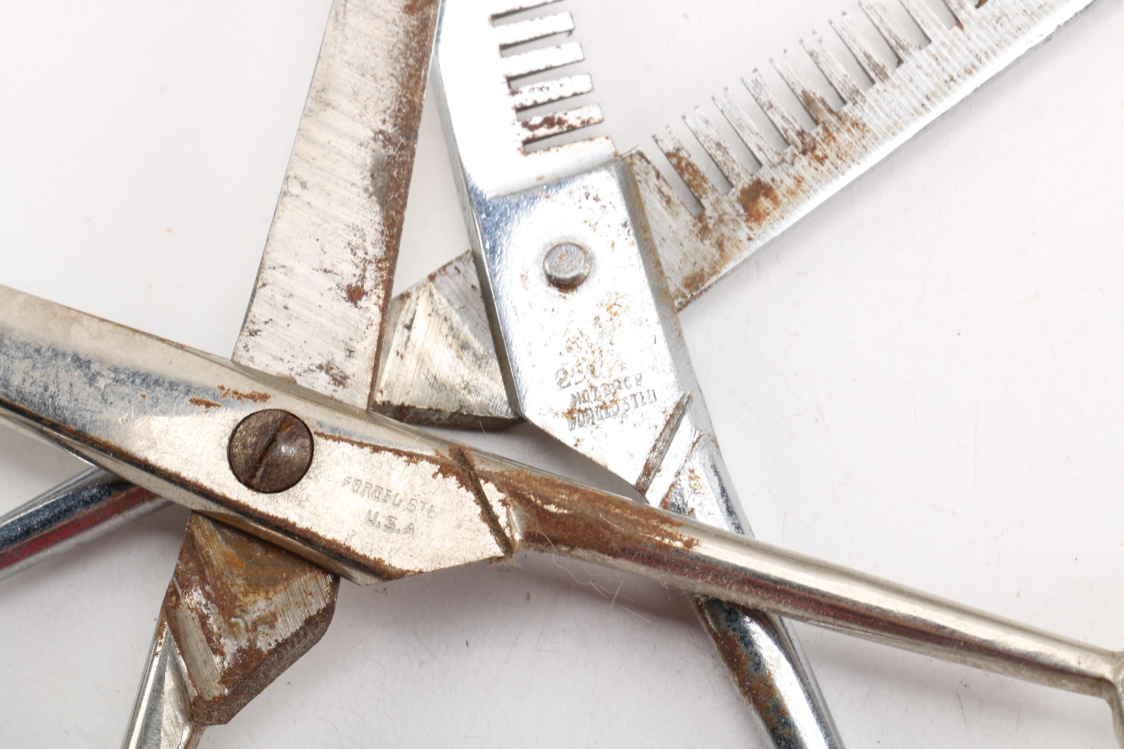 Vintage Barber Supplies, Including Straight Razor, Brushes and Clippers