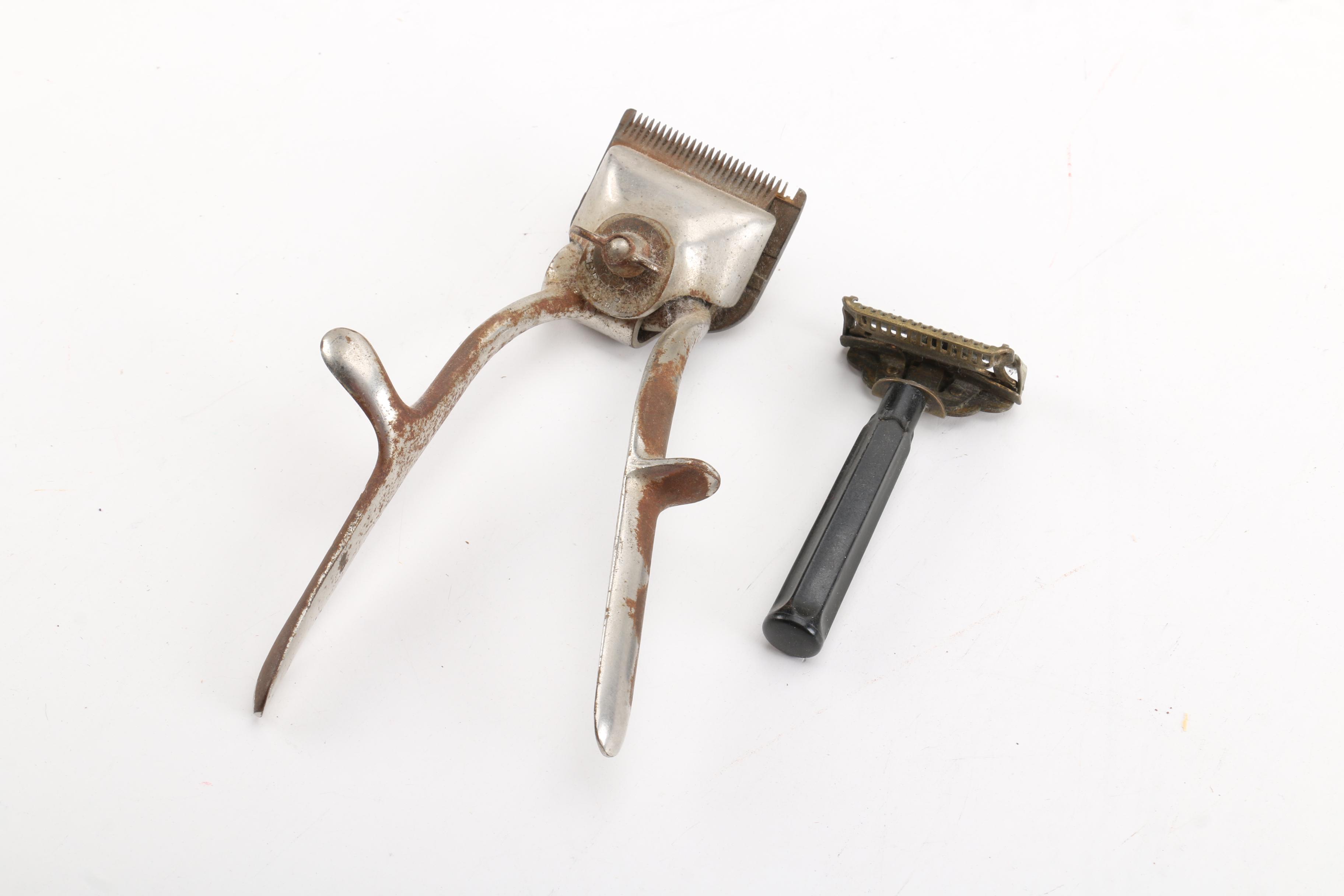 Vintage Barber Supplies, Including Straight Razor, Brushes and Clippers