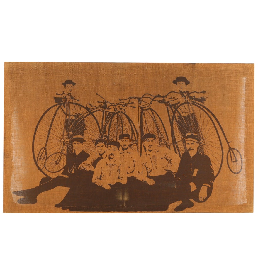 Serigraph on Burlap of Late 19th Century Cyclists