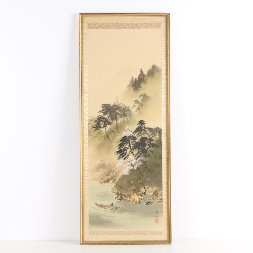 Chinese Watercolor and Gouache Painting on Silk of Chinese Landscape Scene