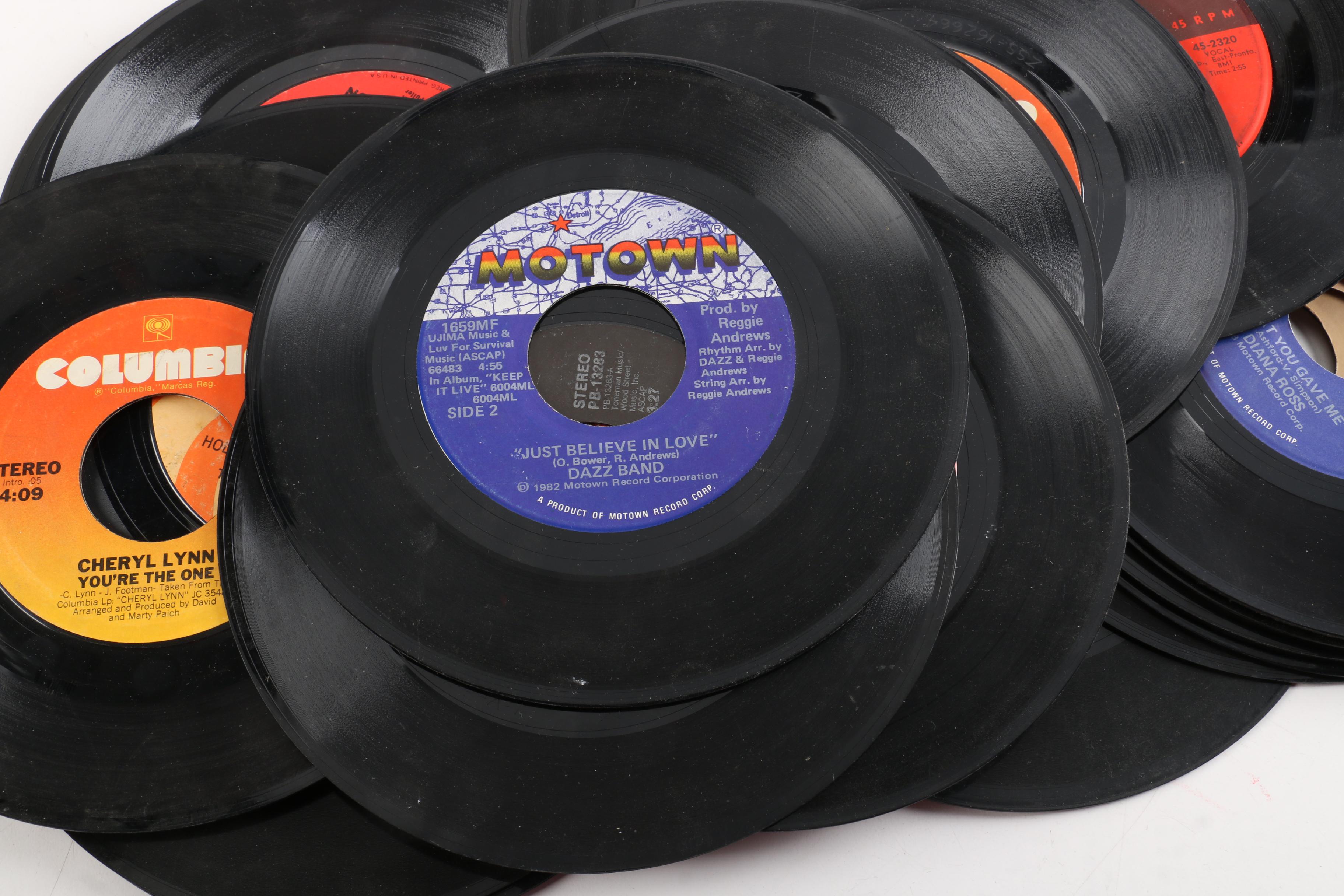 Vintage 45 RPM Records Including Dionne Warwick, Duran Duran, and Diana Ross