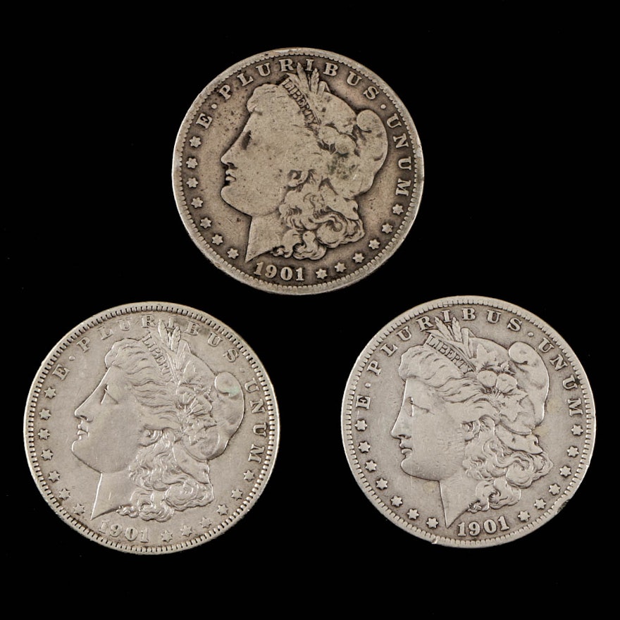 A 1901 Year Set of Three Morgan Silver Dollars