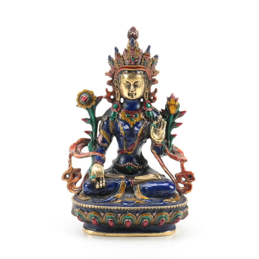 Tibetan Enamel and Metal Blue Tara Statuette