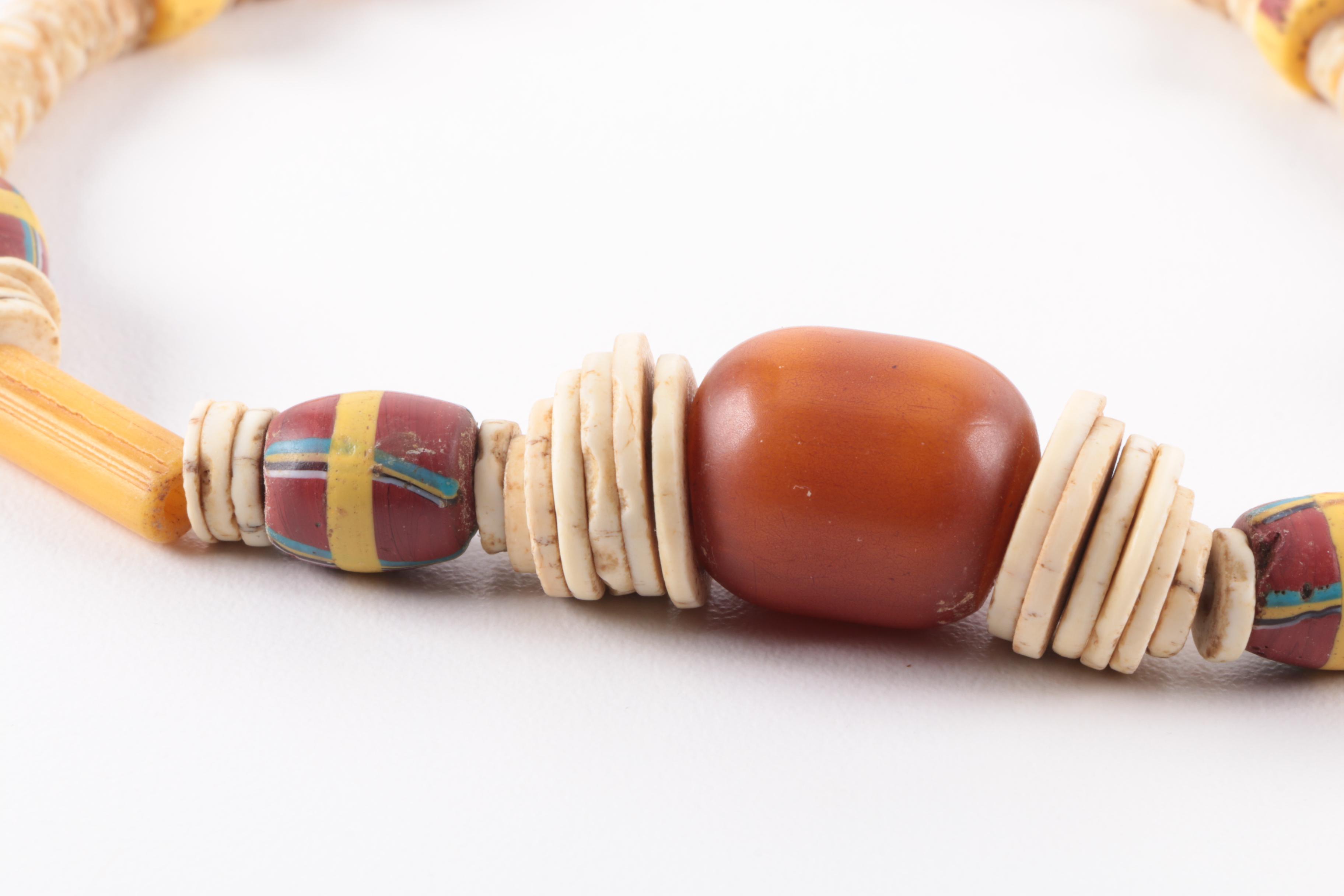 African Trade Bead Necklace and Earrings with Bakelite and Bone