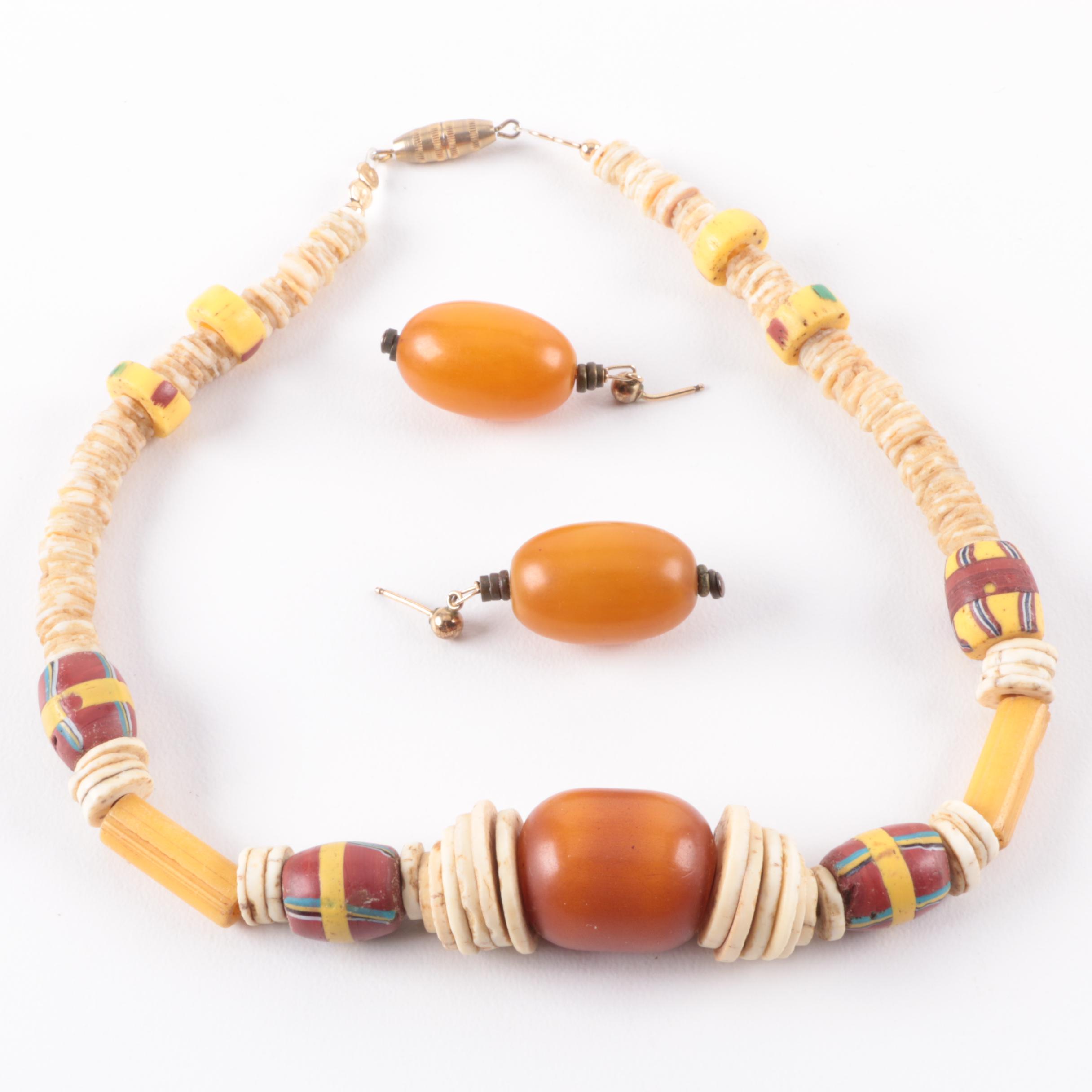 African Trade Bead Necklace and Earrings with Bakelite and Bone