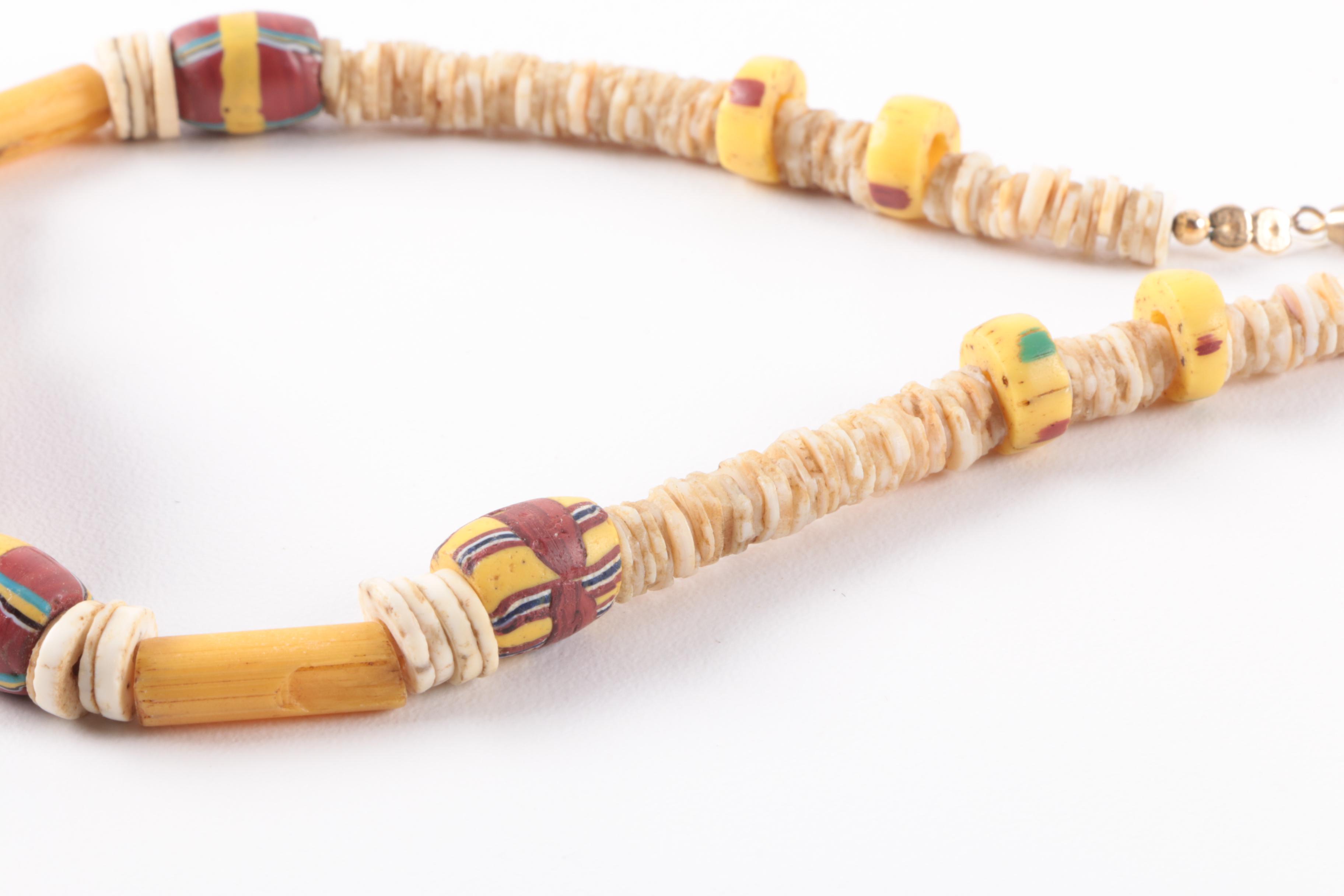 African Trade Bead Necklace and Earrings with Bakelite and Bone