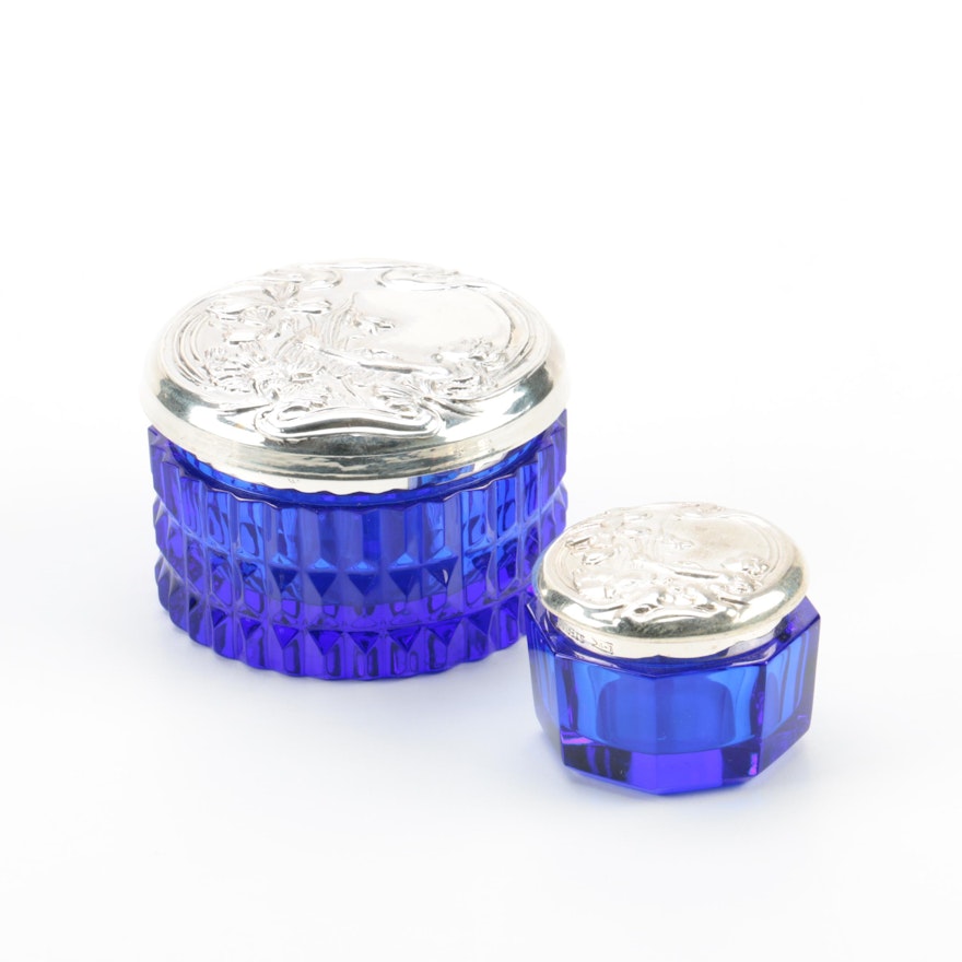Cobalt Glass Vanity Jars with Art Nouveau Style Sterling Silver Lids