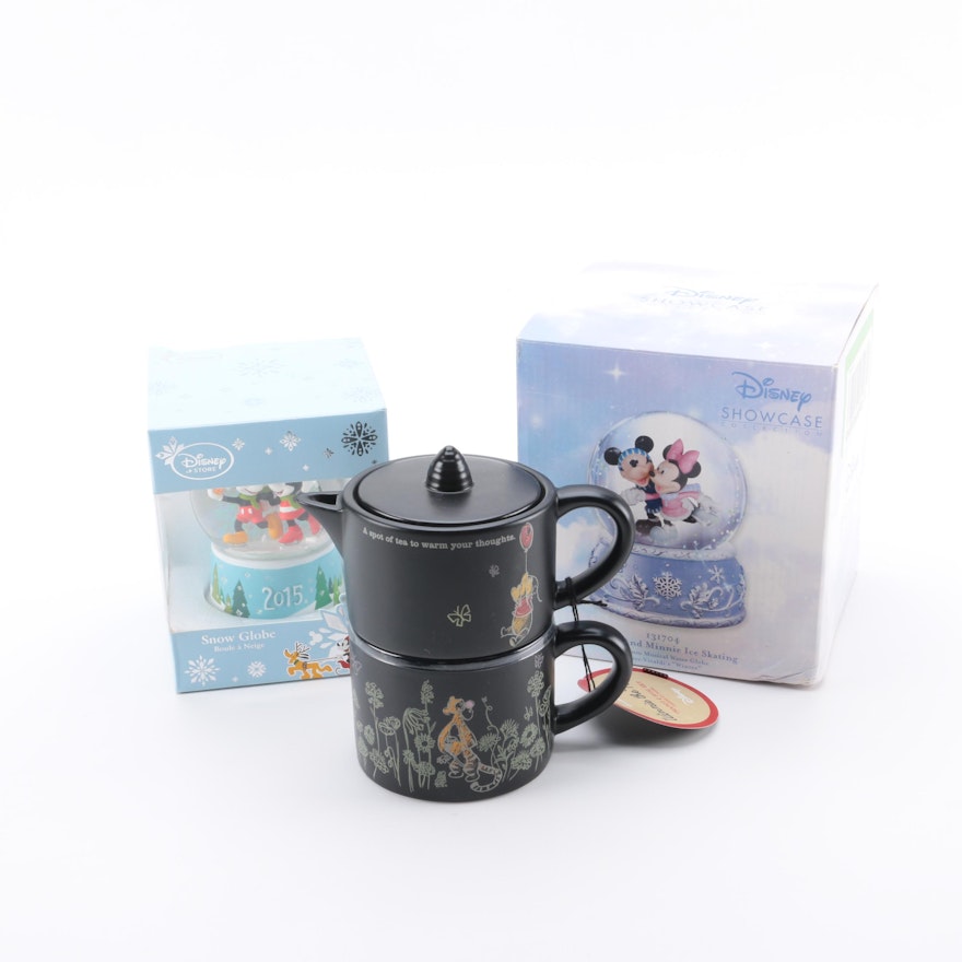 Disney Snow Globes and Hallmark Winnie the Pooh Tea for One Ceramic Teapot Set