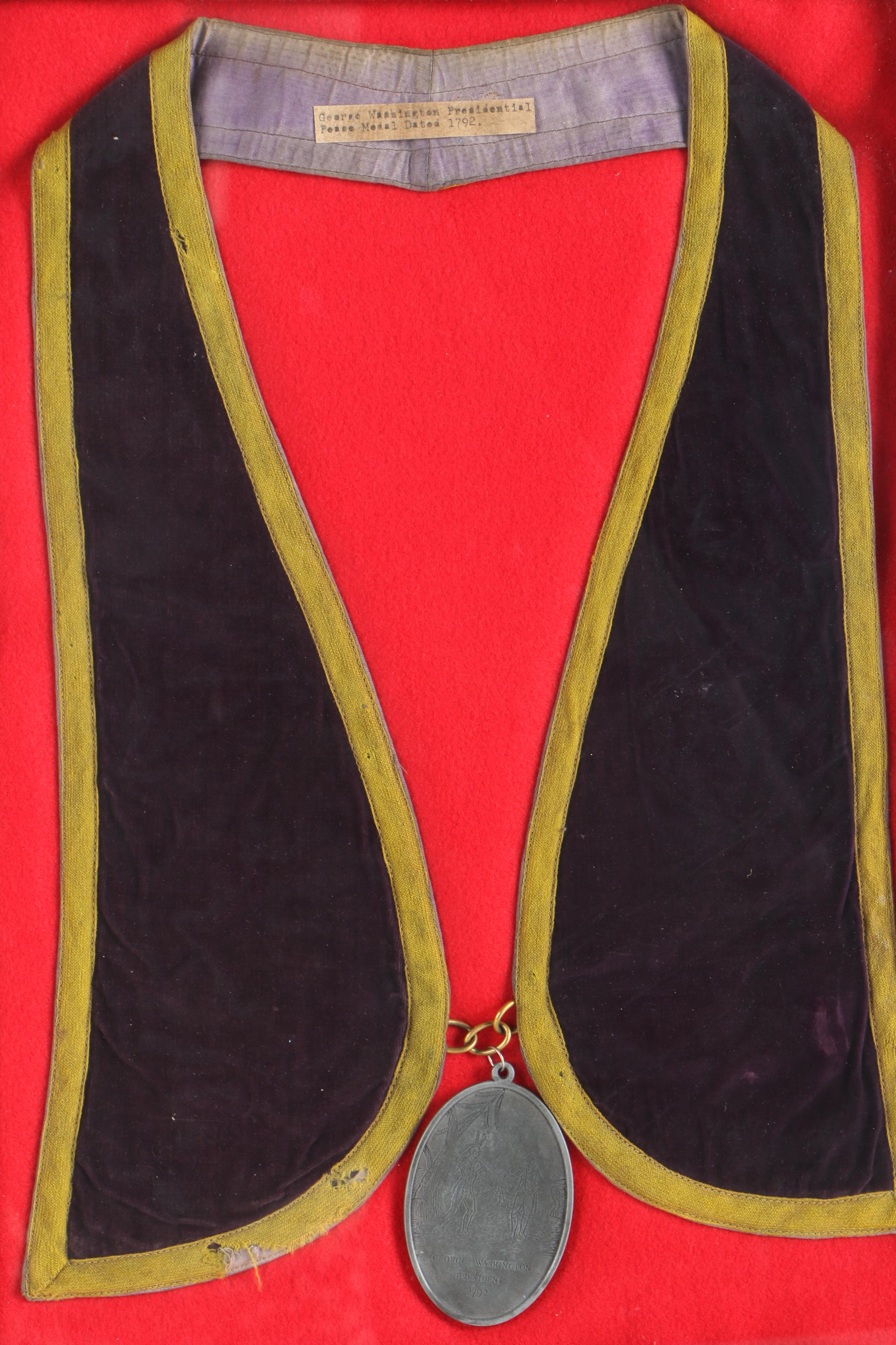Replica 1792 George Washington Peace Medal on Collar in Display Case