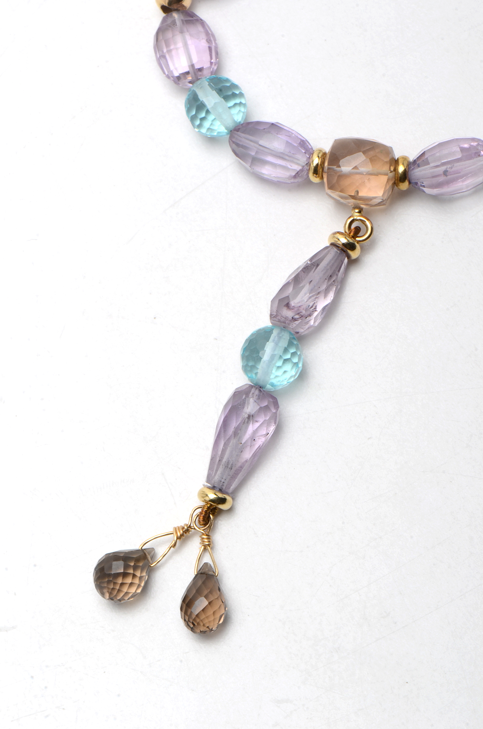 14K Yellow Gold Aquamarine, Smoky Quartz, and Amethyst Beaded Lariat Necklace