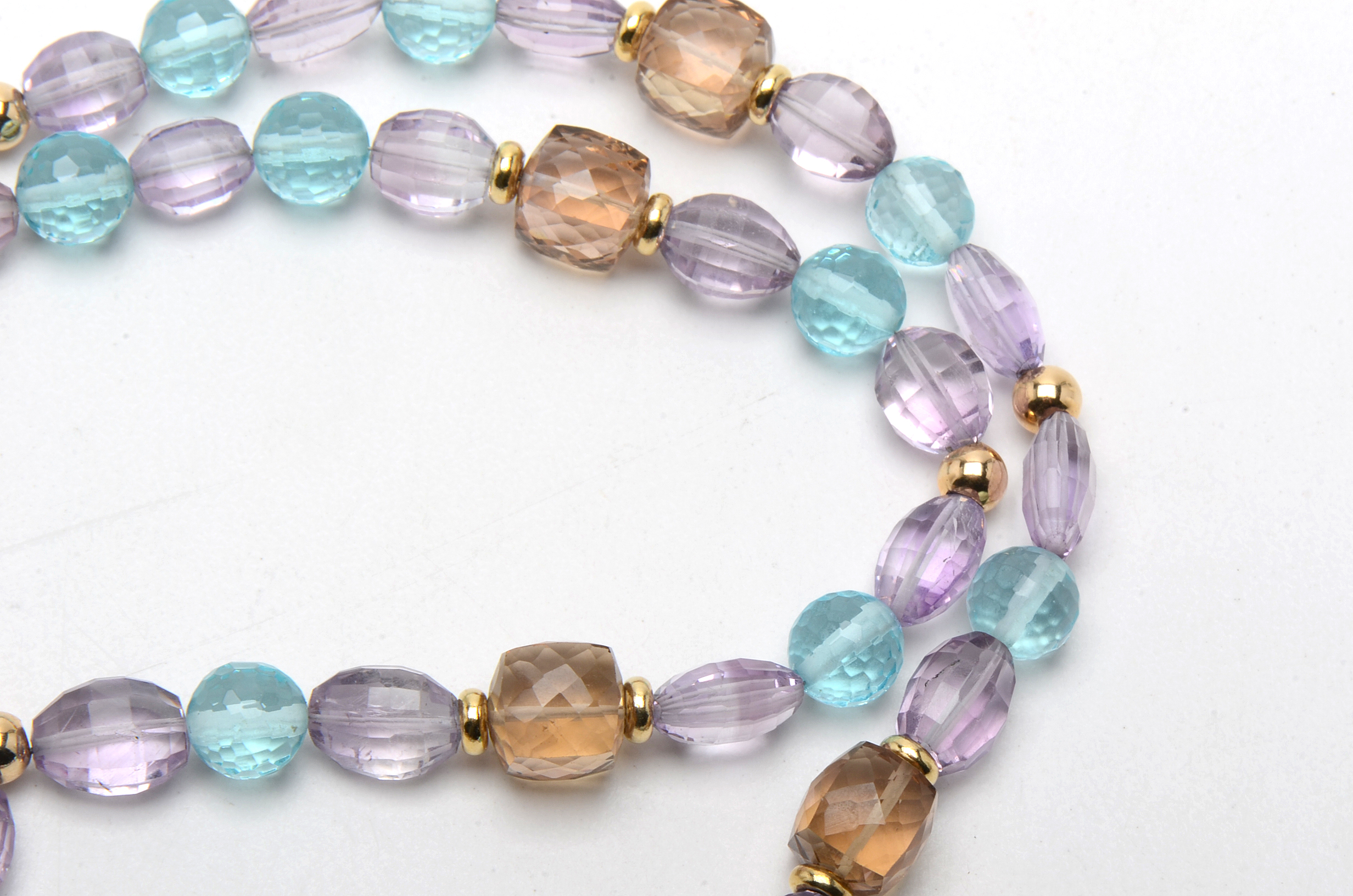 14K Yellow Gold Aquamarine, Smoky Quartz, and Amethyst Beaded Lariat Necklace
