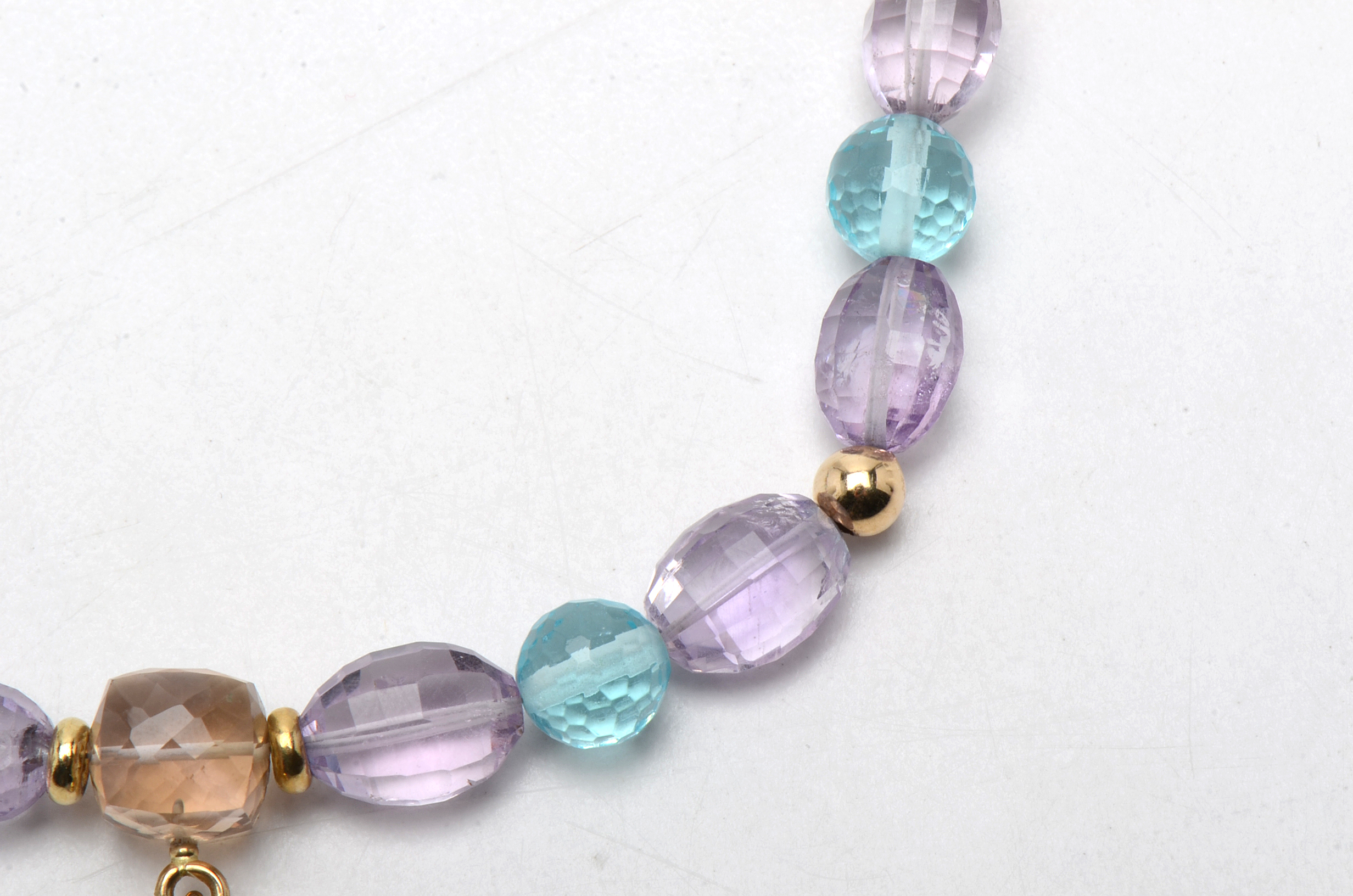 14K Yellow Gold Aquamarine, Smoky Quartz, and Amethyst Beaded Lariat Necklace