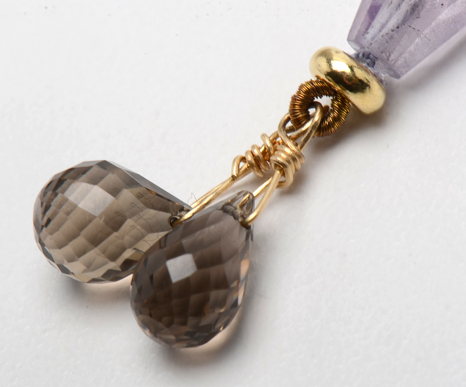 14K Yellow Gold Aquamarine, Smoky Quartz, and Amethyst Beaded Lariat Necklace