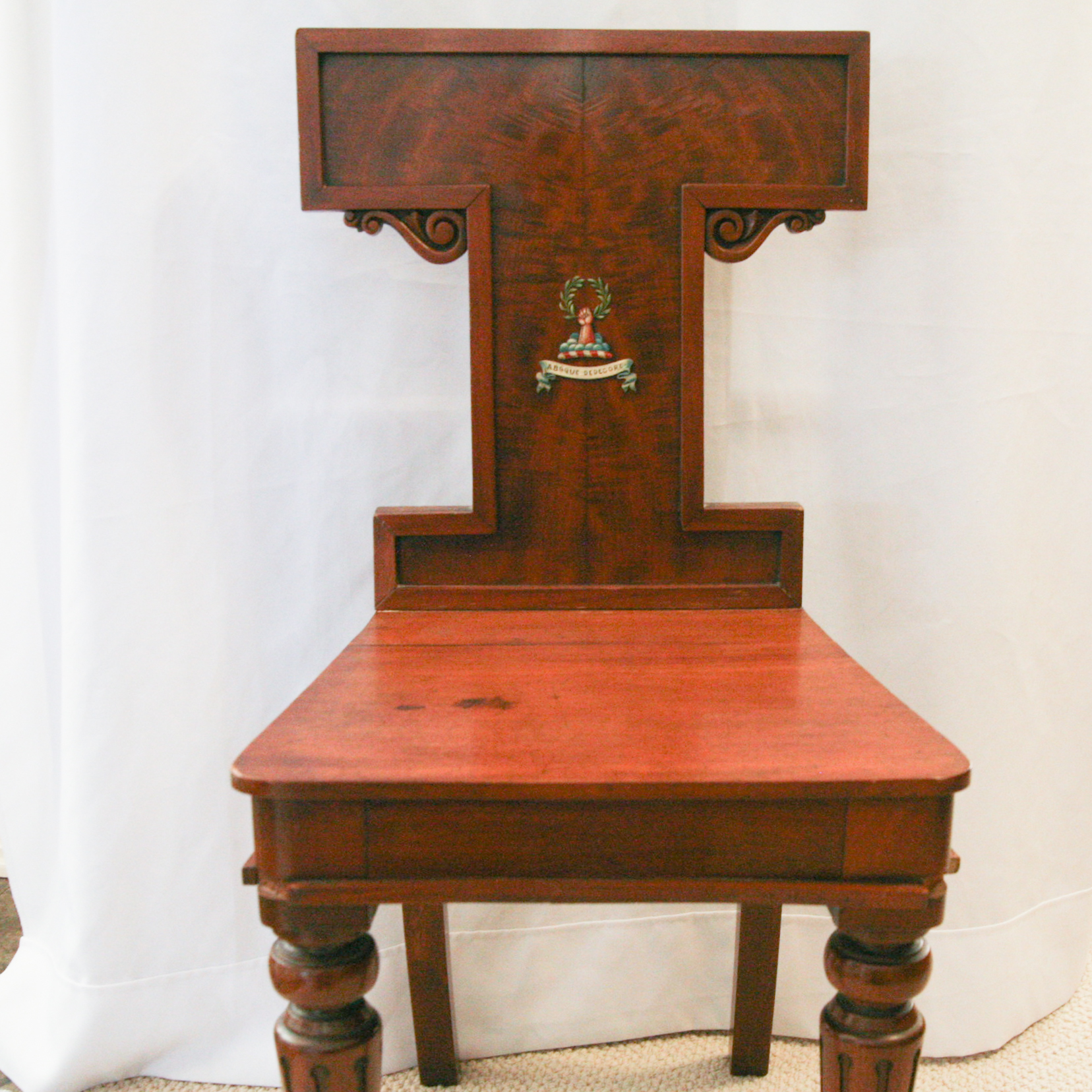 Antique English William IV Mahogany Hall Chair with Painted Heraldry