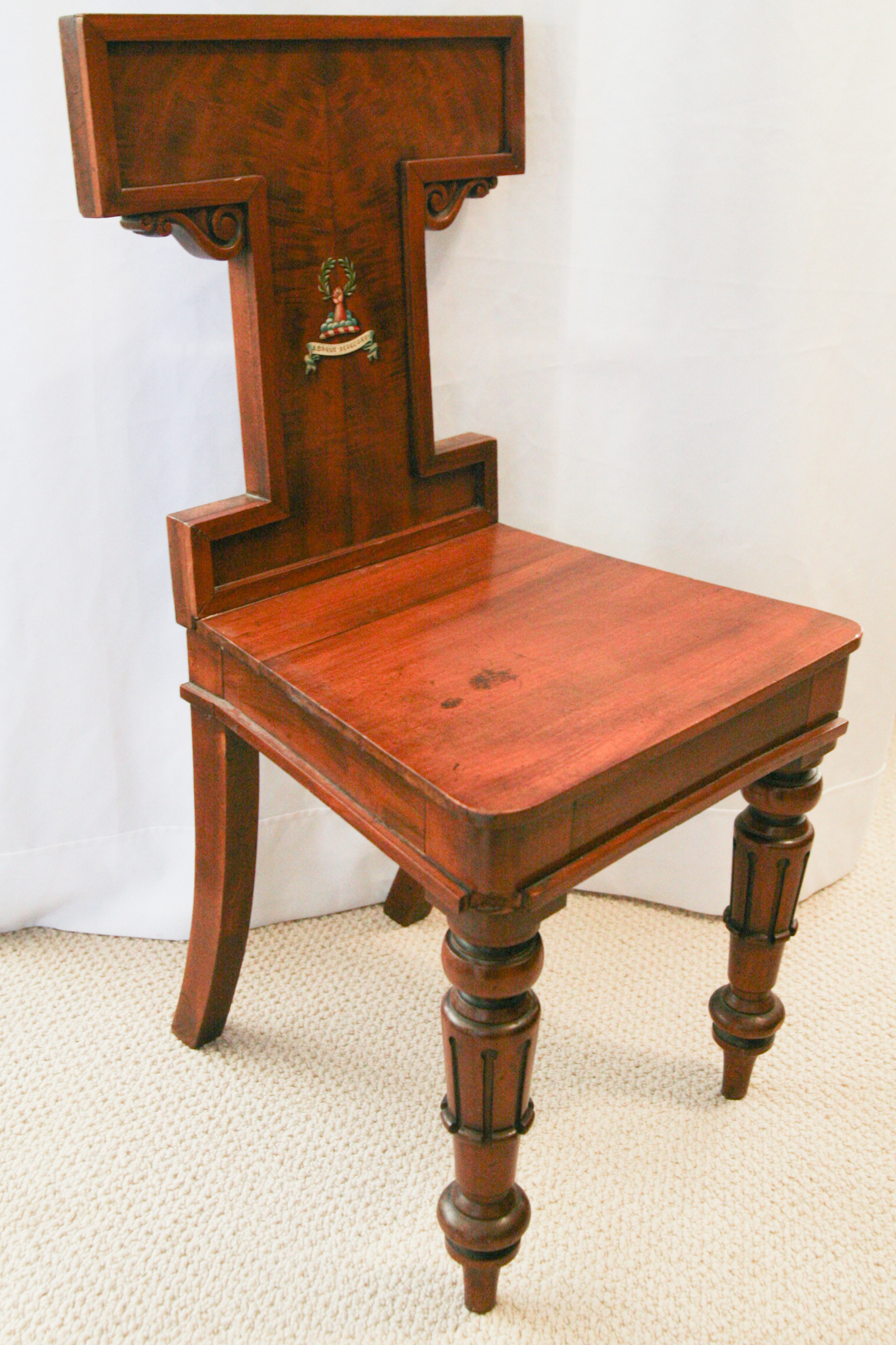 Antique English William IV Mahogany Hall Chair with Painted Heraldry