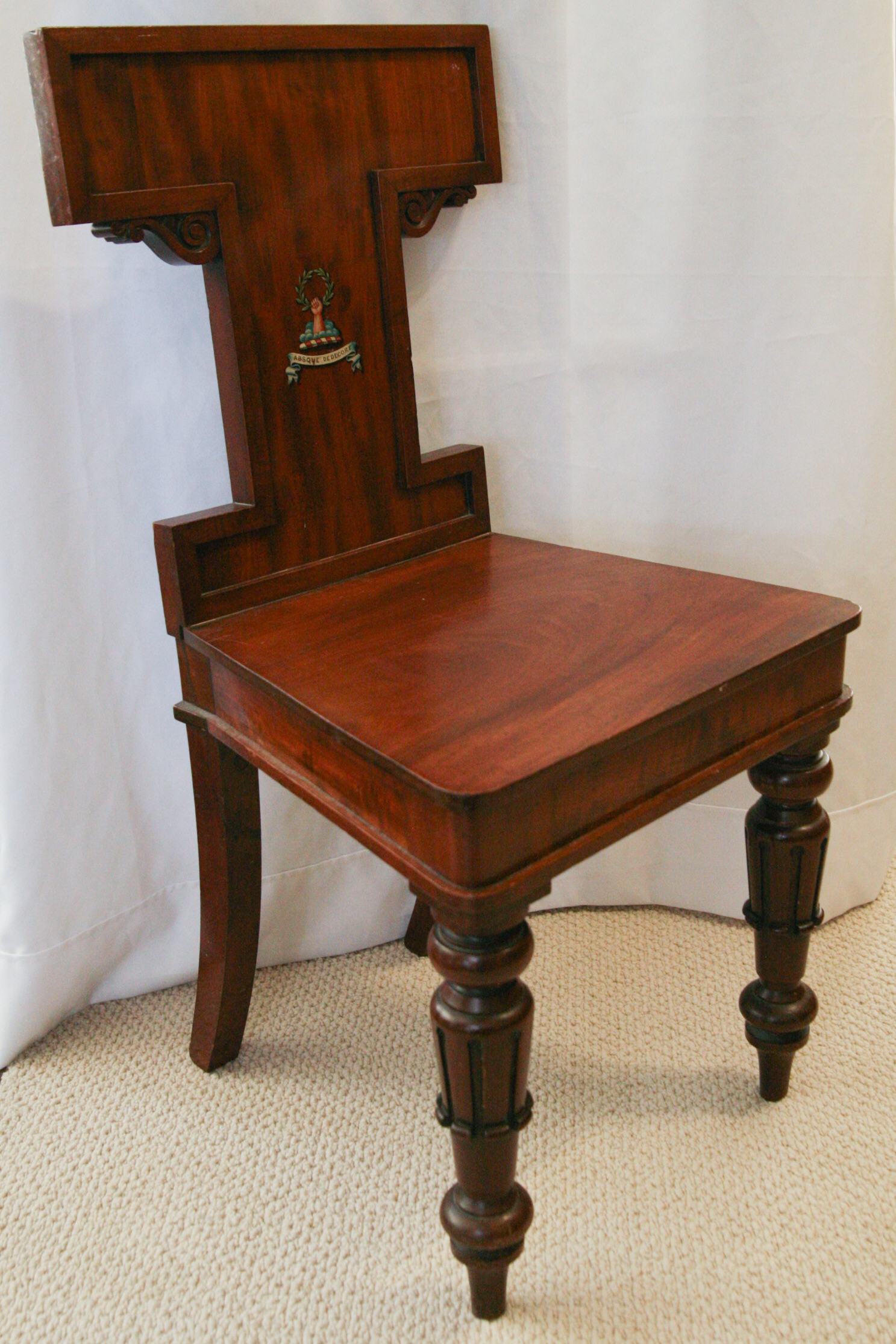 Antique English William IV Mahogany Hall Chair with Painted Heraldry