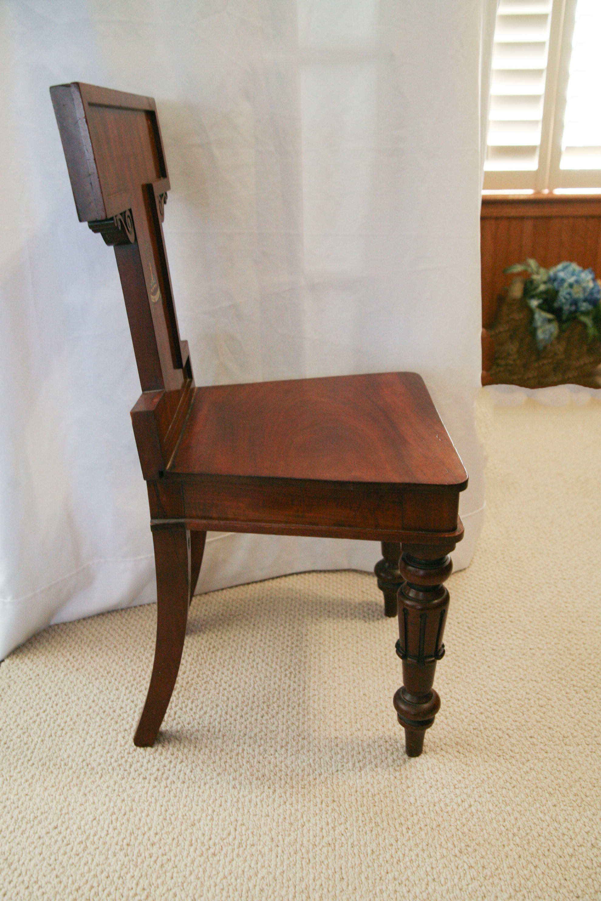 Antique English William IV Mahogany Hall Chair with Painted Heraldry