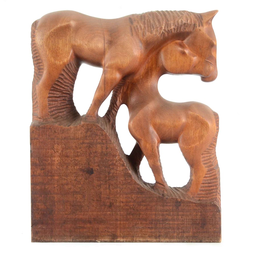 Carved Wood Mare and Foal Sculpture