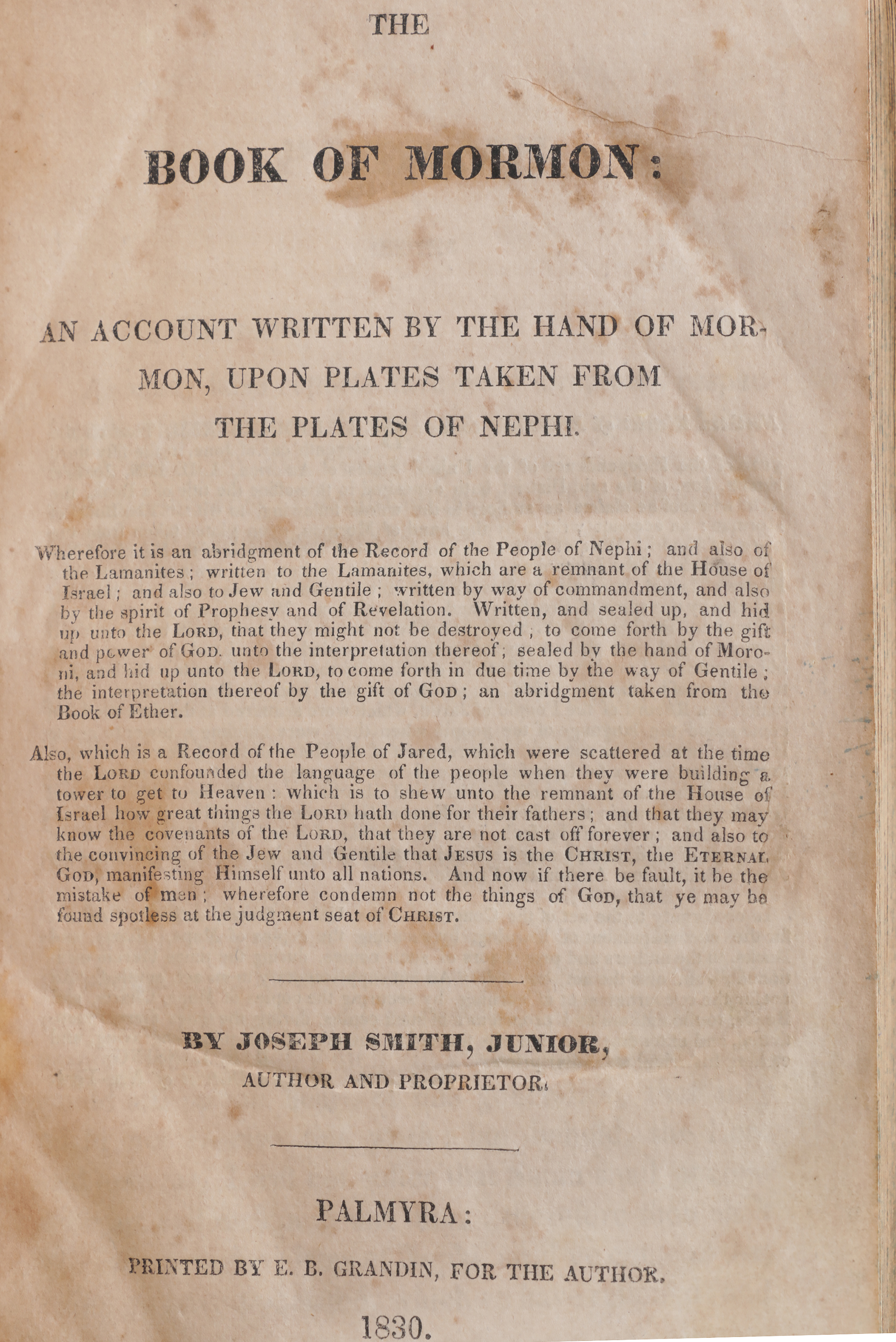 1830 Pugh Family Palmyra First Edition "Book of Mormon"