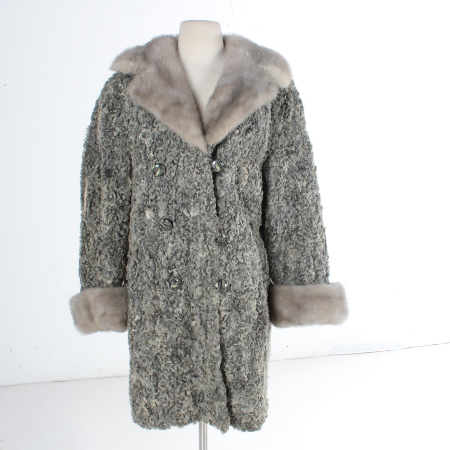 Women's Greenblatts Double-Breasted Curly Lamb and Mink Fur Coat