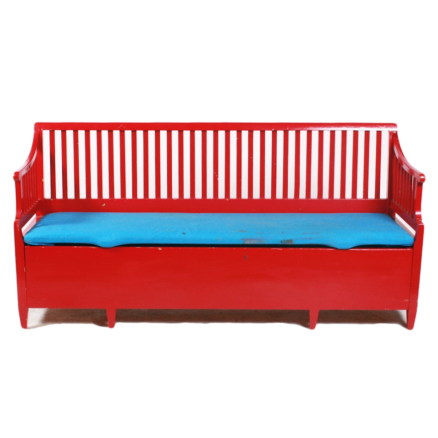 Vintage Red Enamel Painted Knotty Pine Bench