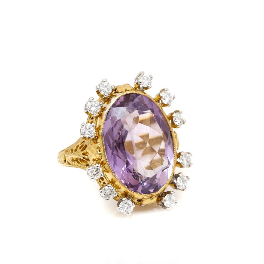 14K Yellow Gold Amethyst and Diamond Ring