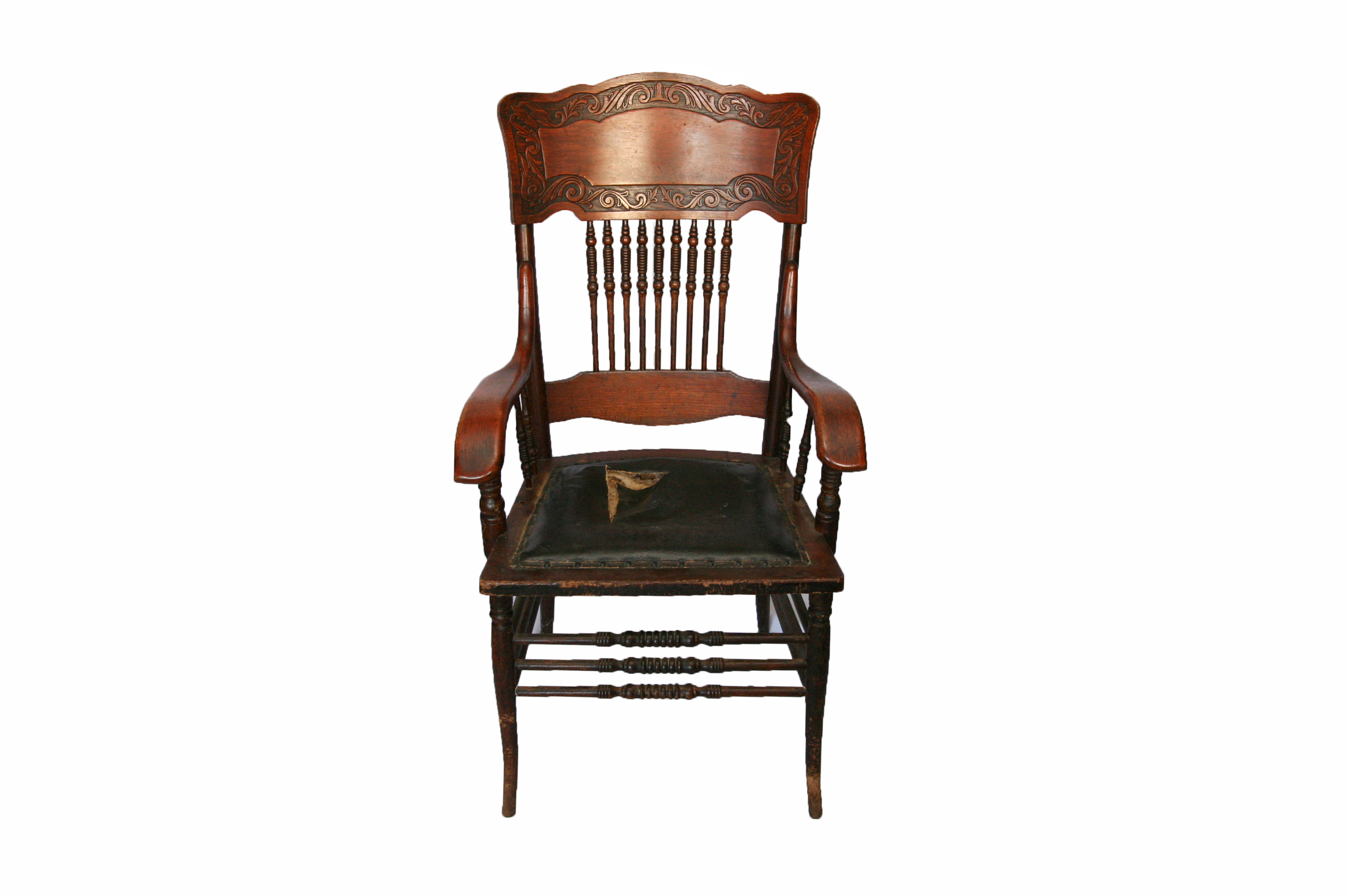 Antique Colonial Revival Oak Pressed Back Armchair