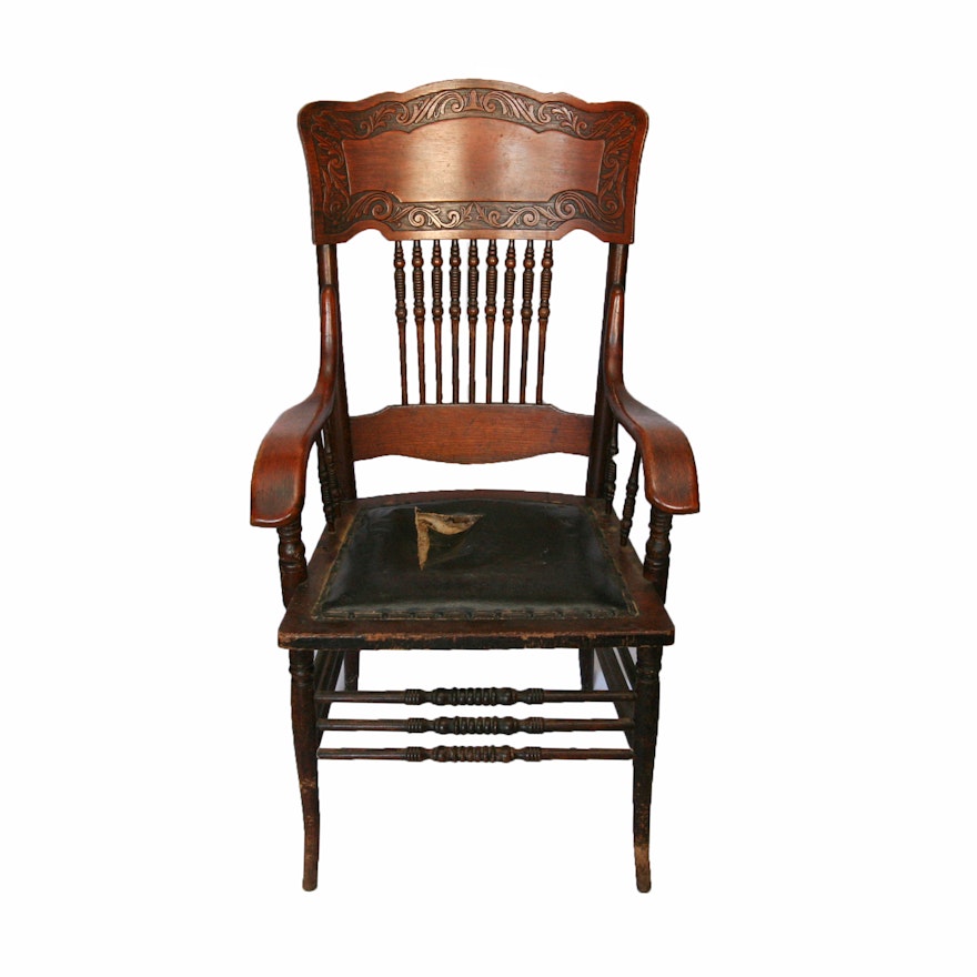 Antique Colonial Revival Oak Pressed Back Armchair