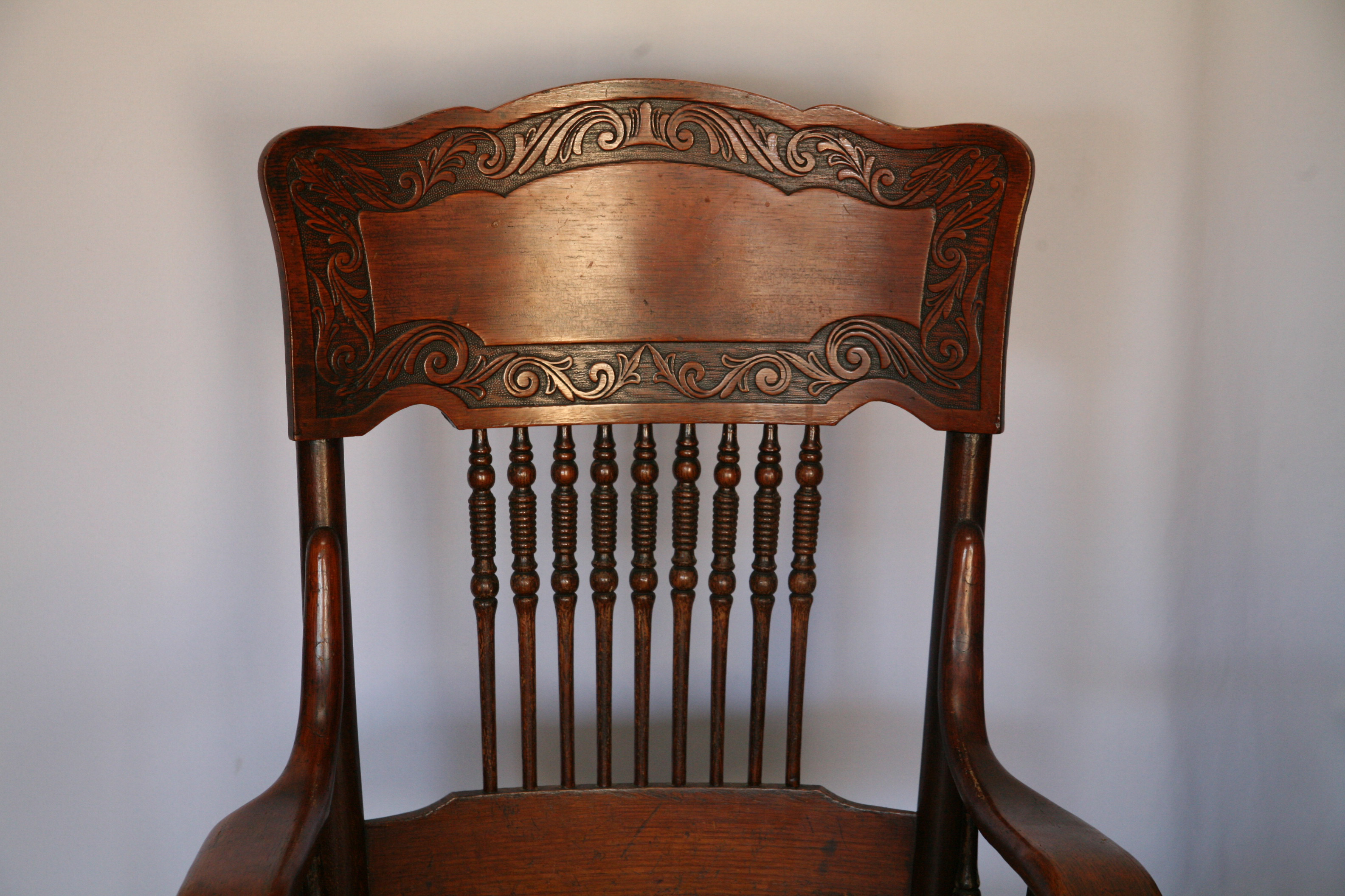 Antique Colonial Revival Oak Pressed Back Armchair