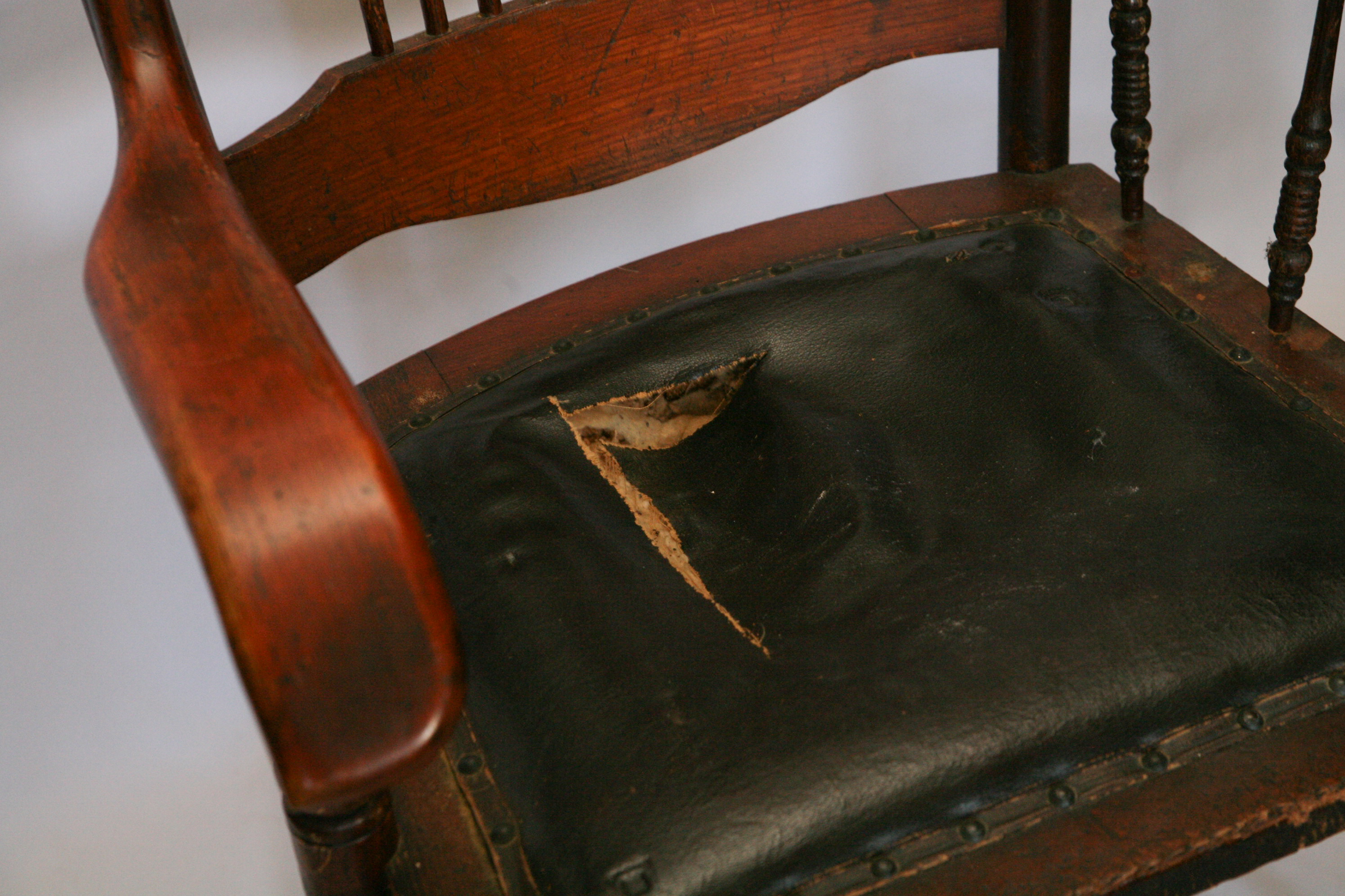 Antique Colonial Revival Oak Pressed Back Armchair