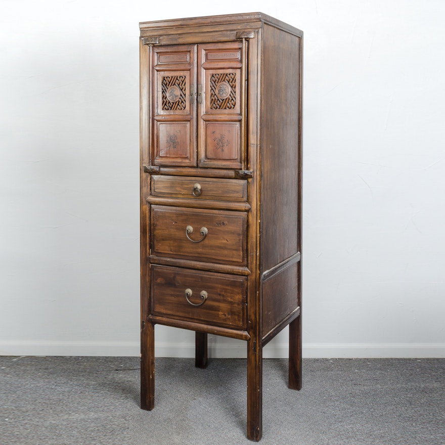 Chinese Carved Narrow Cabinet with Drawers