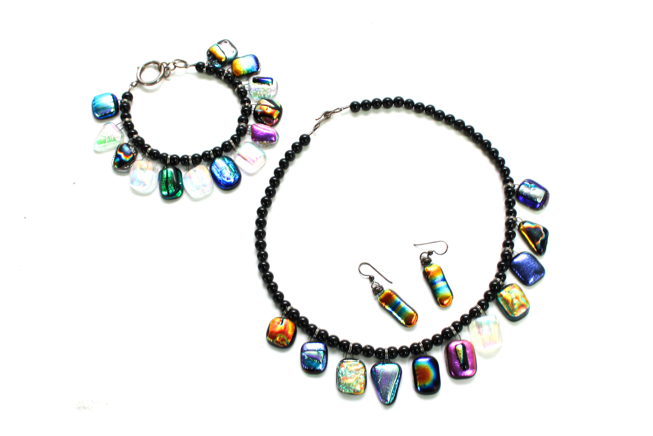Colorful Dichroic Glass Beaded Demi Parure With Sterling Silver Clasp