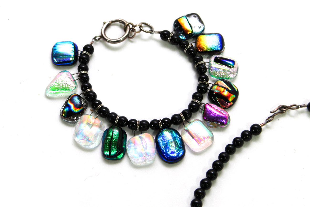 Colorful Dichroic Glass Beaded Demi Parure With Sterling Silver Clasp