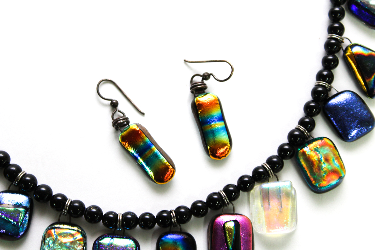 Colorful Dichroic Glass Beaded Demi Parure With Sterling Silver Clasp