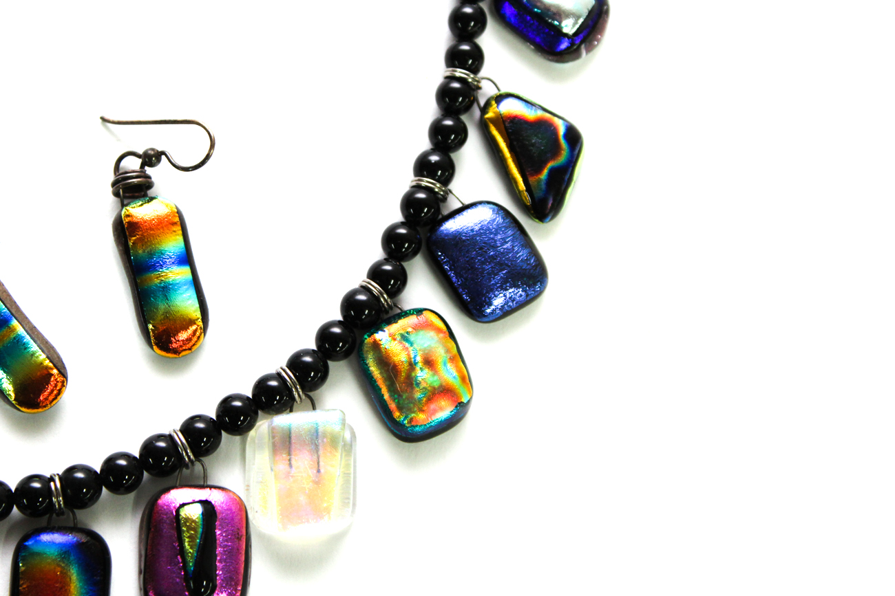 Colorful Dichroic Glass Beaded Demi Parure With Sterling Silver Clasp