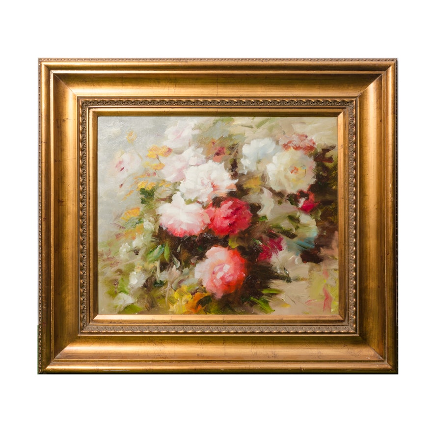 Late 20th-Century Oil Painting of Impressionist-Inspired Floral Still Life