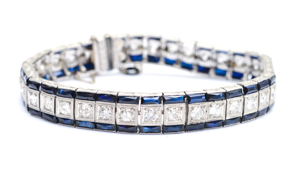 Art Deco Platinum 3.00 CTW Diamond and Synthetic Sapphire Bracelet