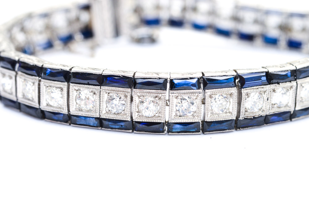 Art Deco Platinum 3.00 CTW Diamond and Synthetic Sapphire Bracelet